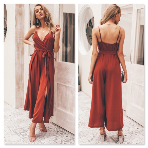 Wide Leg High Slit Surplice Belted Jumpsuit - Picture 2 of 8